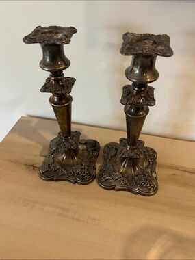 Ornate Decorative Brass-Accent Candlestick Pair in Antique Brown